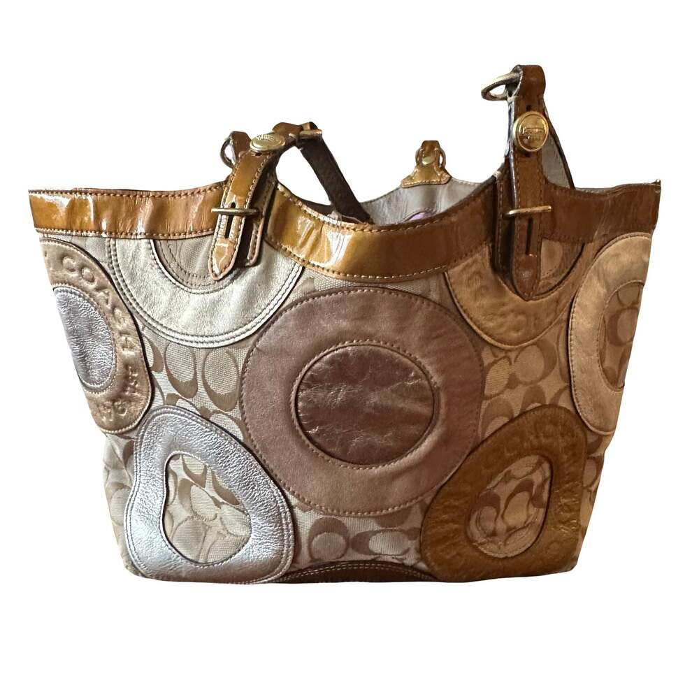 Coach Carly F16180 Signature Canvas and Metallic Leather Patchwork Tote Bag